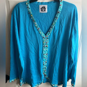 Storybook Knits Plus Size Pebble Beach Colorful Beaded Knit Blue Cardigan in 2X